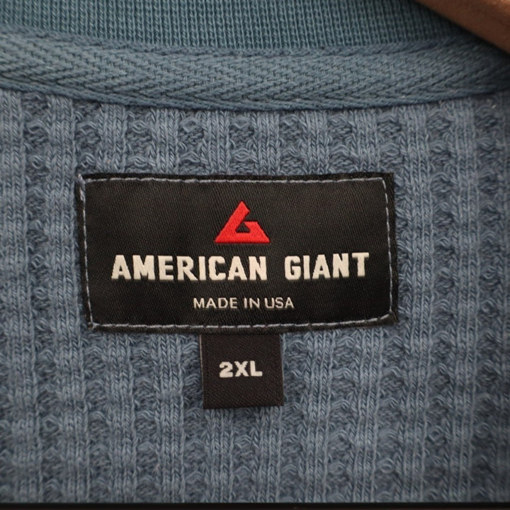 American Giant T-Shirt Mens 2XL Blue Stretch Waffle Knit Crew Neck Long Sleeve