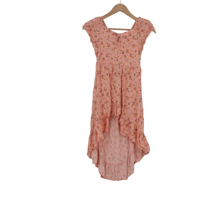 Art Class Girls Peach Floral High-Low Ruffle Dress Medium 8 Boho Short Sleeve