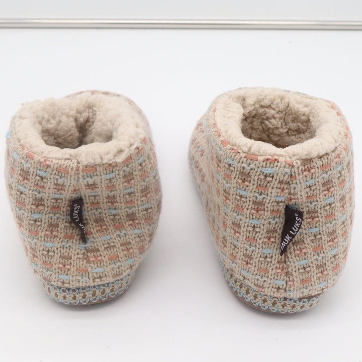 Muk Luks Womens Knit Slipper Boots Faux Fur Lined Beige Blue Coral Size Small