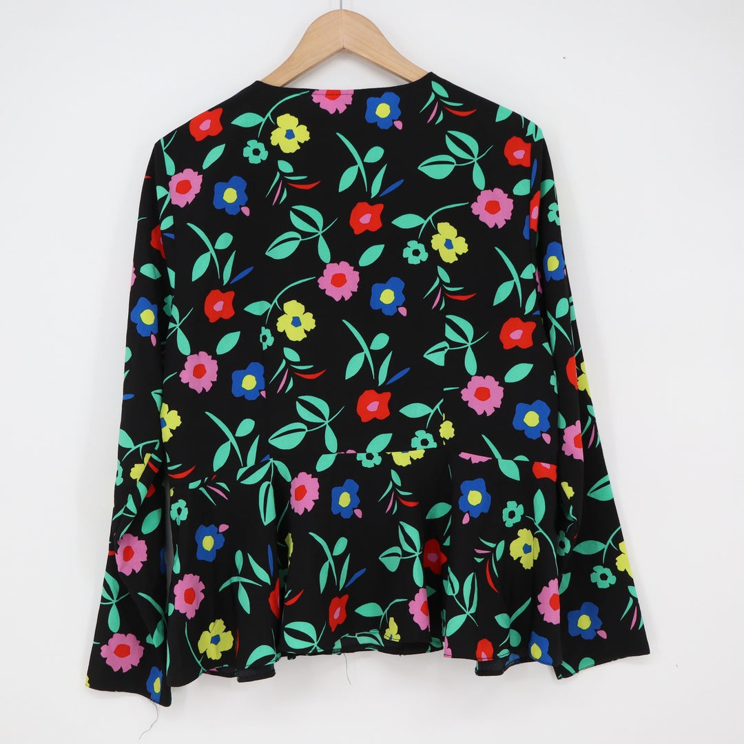 ASOS Blouse Women's 12 Wrap Peplum Black Floral Long Sleeve Excellent