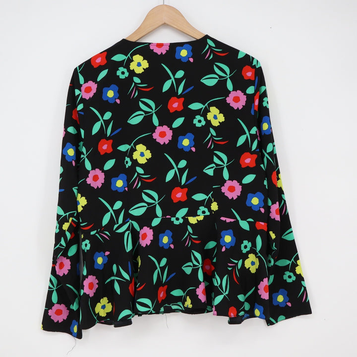 ASOS Blouse Women's 12 Wrap Peplum Black Floral Long Sleeve Excellent