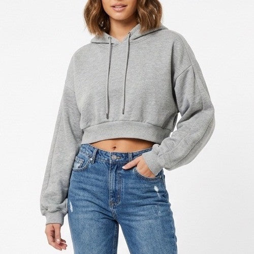 Naked Wardrobe Womens Heather Gray Cropped Hoodie Sweatshirt L
