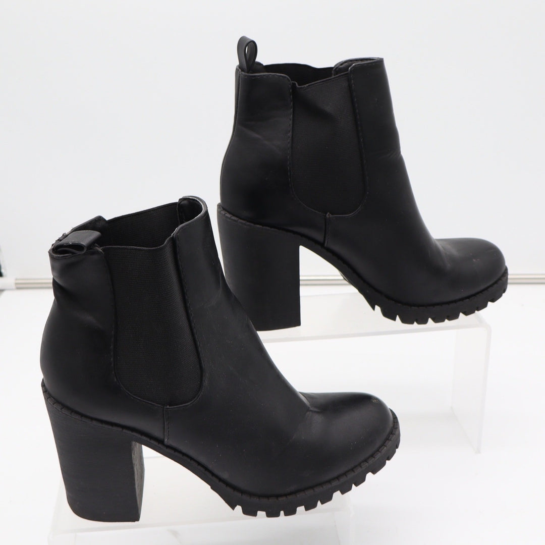 Black Faux Leather Block Heel Lug Sole Chelsea Ankle Boots Womens Size 9
