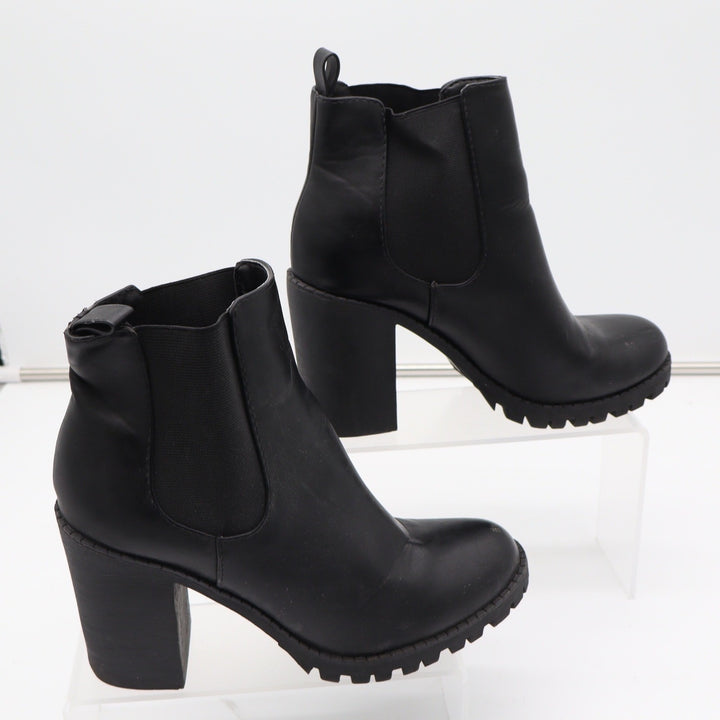 Black Faux Leather Block Heel Lug Sole Chelsea Ankle Boots Womens Size 9