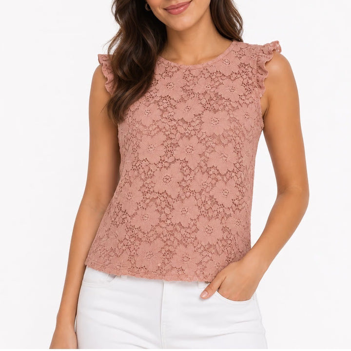 STOP Blush Pink Floral Lace Ruffle Sleeveless Blouse Top L