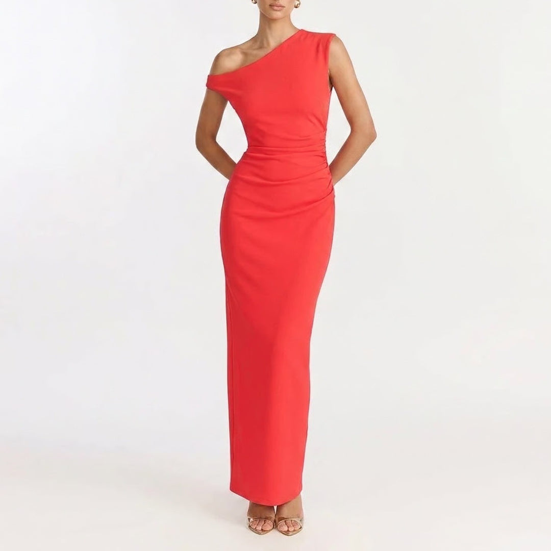 YH & CO Genie Maxi Dress Red Off The Shoulder Ruched Evening Gown Size 8