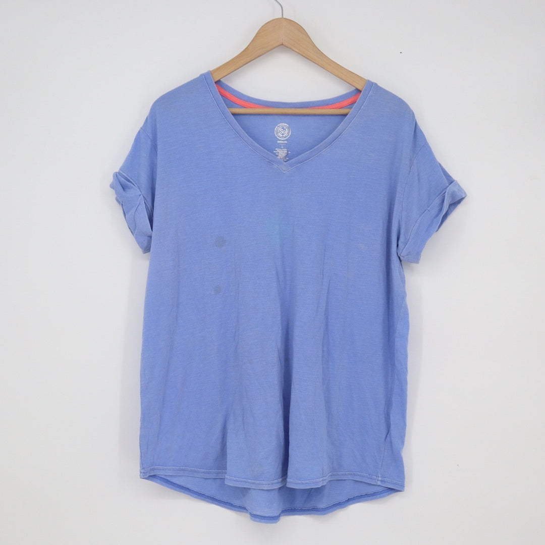 SO Intimates Womens V-Neck T-Shirt Blue Cuffed Short Sleeve Size L