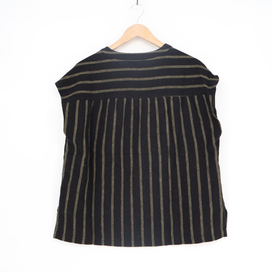 Sanctuary T-Shirt Womens Large Black Brown Striped Linen Short Sleeve Split Neck