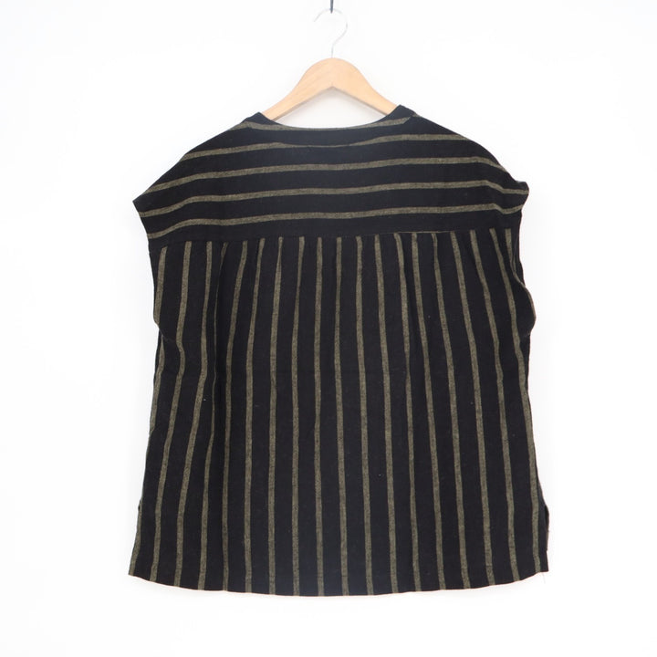 Sanctuary T-Shirt Womens Large Black Brown Striped Linen Short Sleeve Split Neck