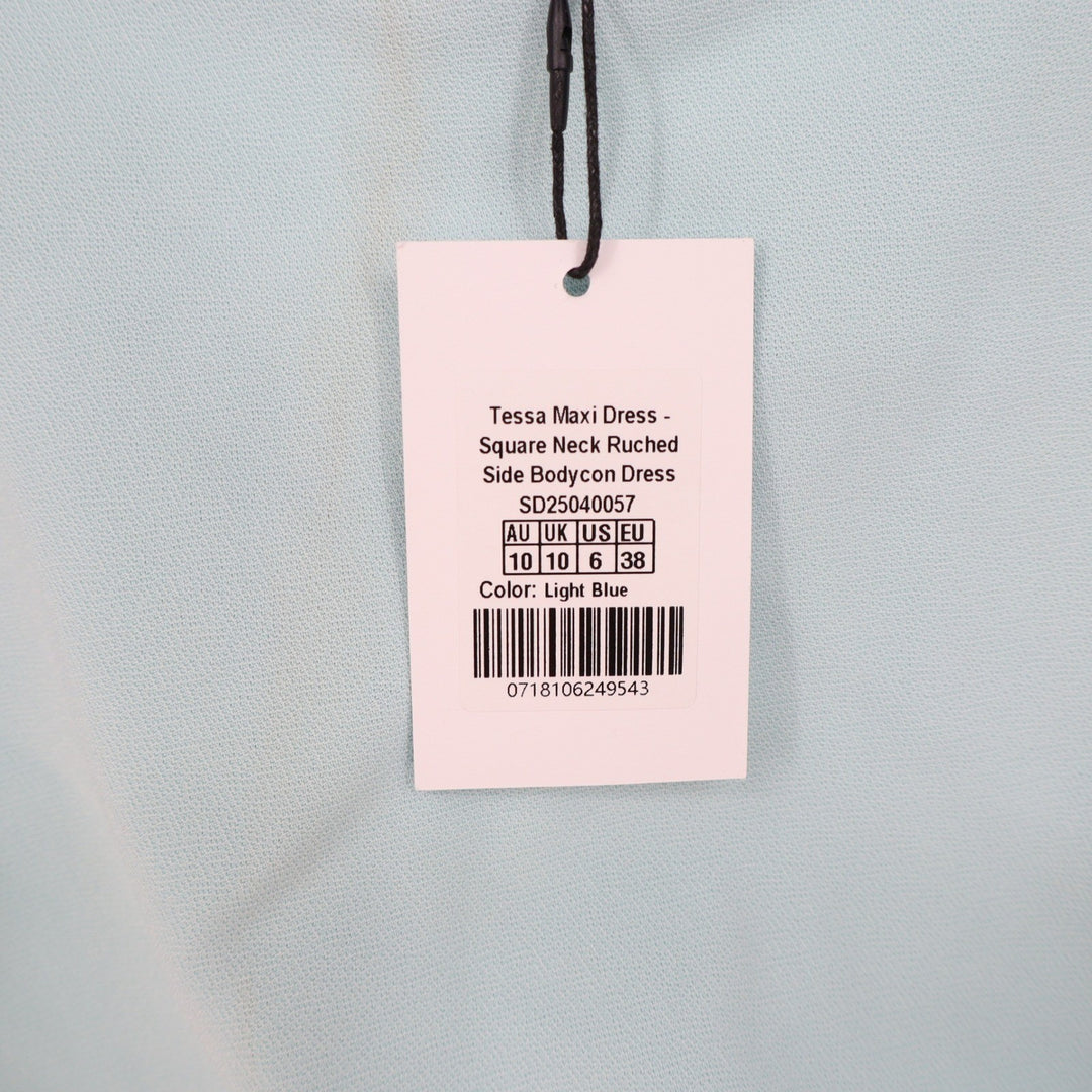 Showpo Tessa Light Blue Square Neck Ruched Side Bodycon Maxi Dress Size 6 NEW