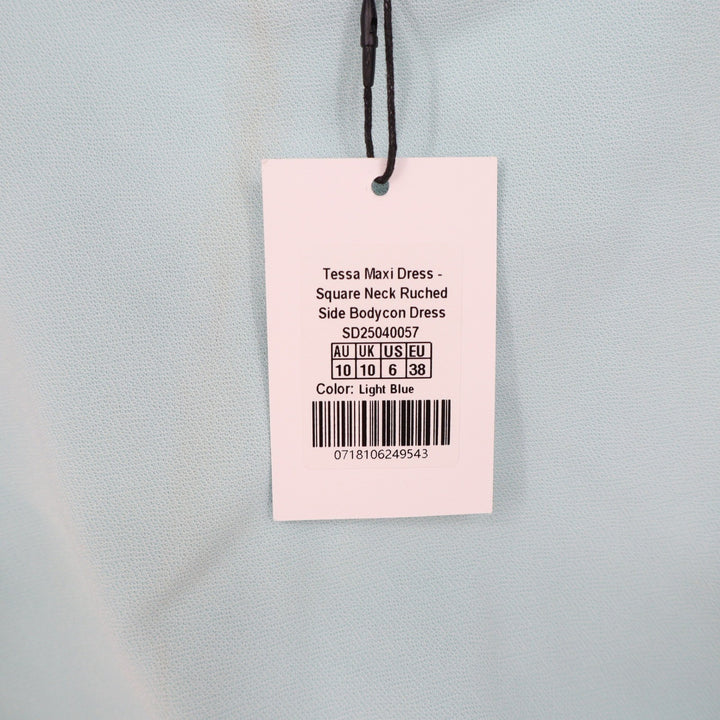 Showpo Tessa Light Blue Square Neck Ruched Side Bodycon Maxi Dress Size 6 NEW