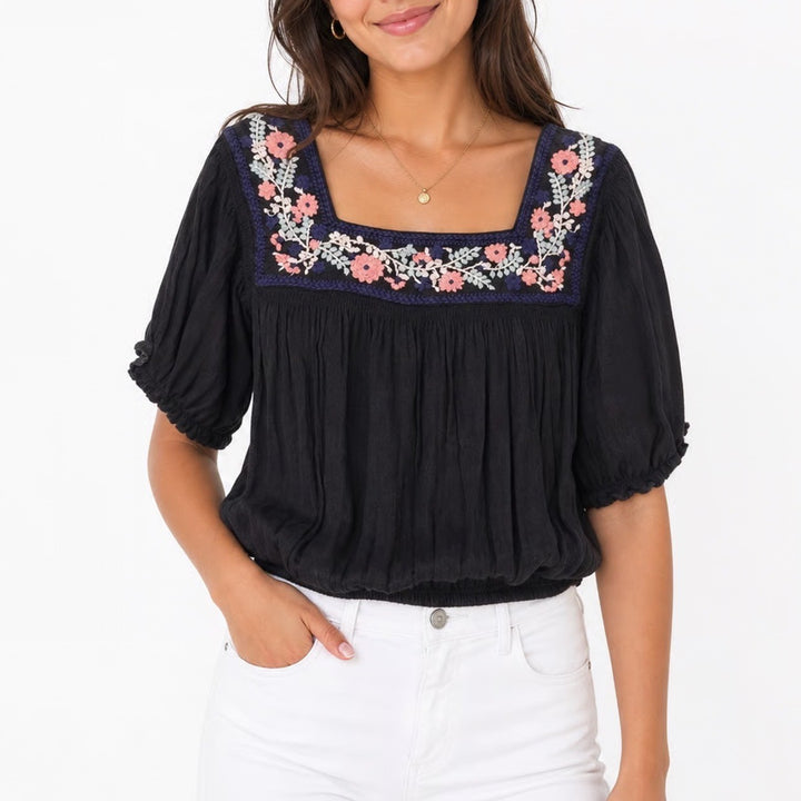 American Eagle Black Floral Embroidered Peasant Blouse Square Neck Small