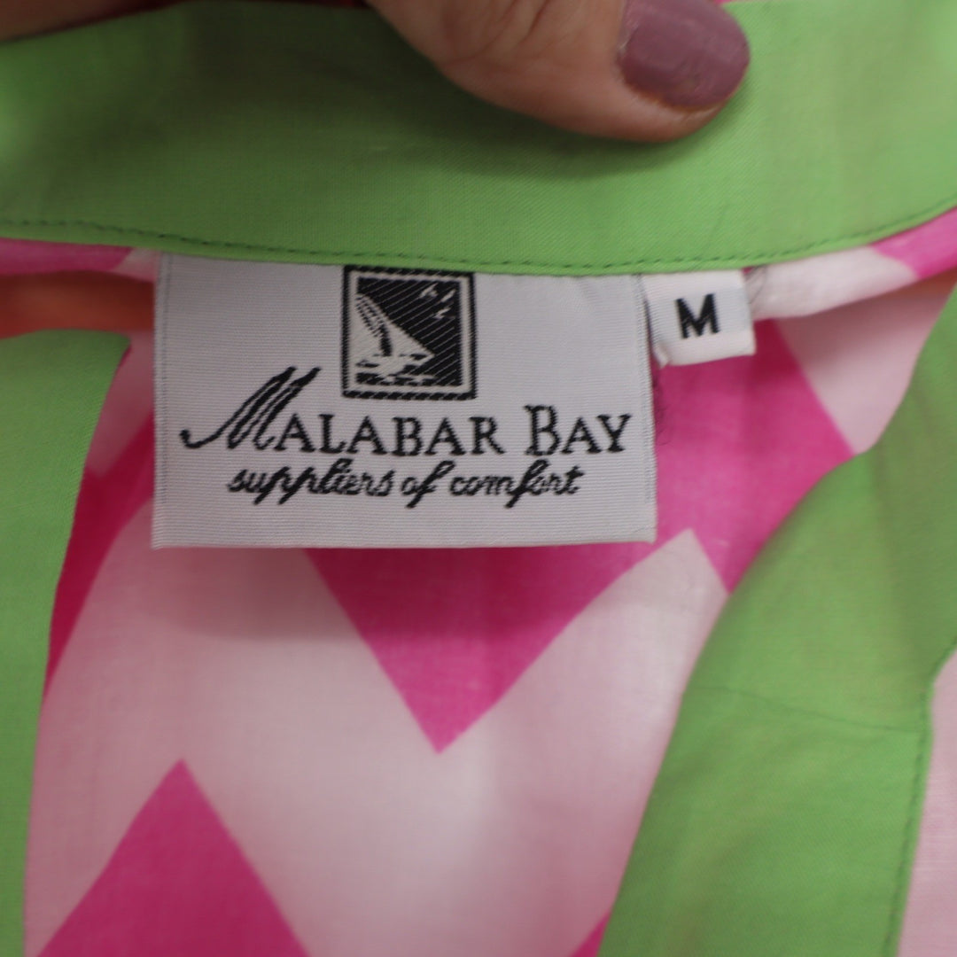 Malabar Bay Pink Chevron Organic Cotton Sleeveless Shift Dress Green Trim Medium