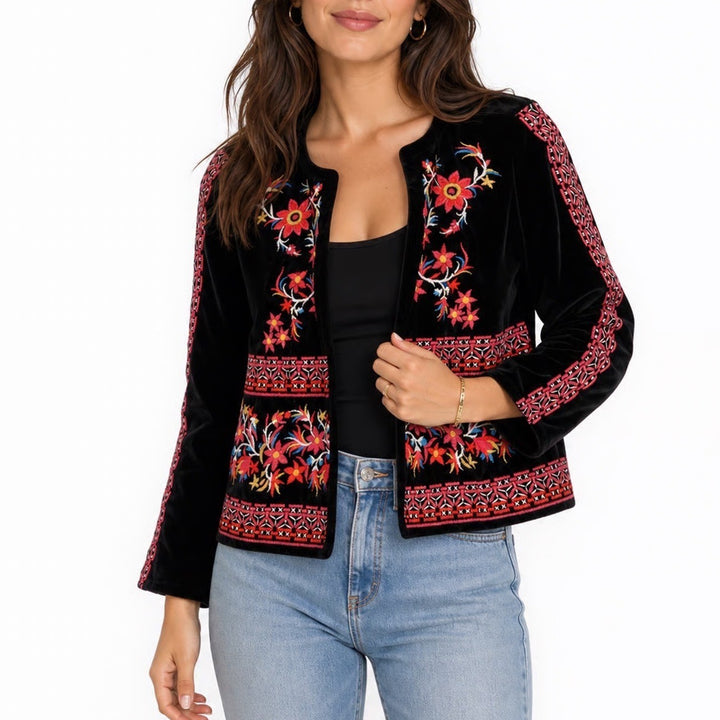 Atmosphere Black Velvet Embroidered Floral Open Front Jacket Blazer Size 6