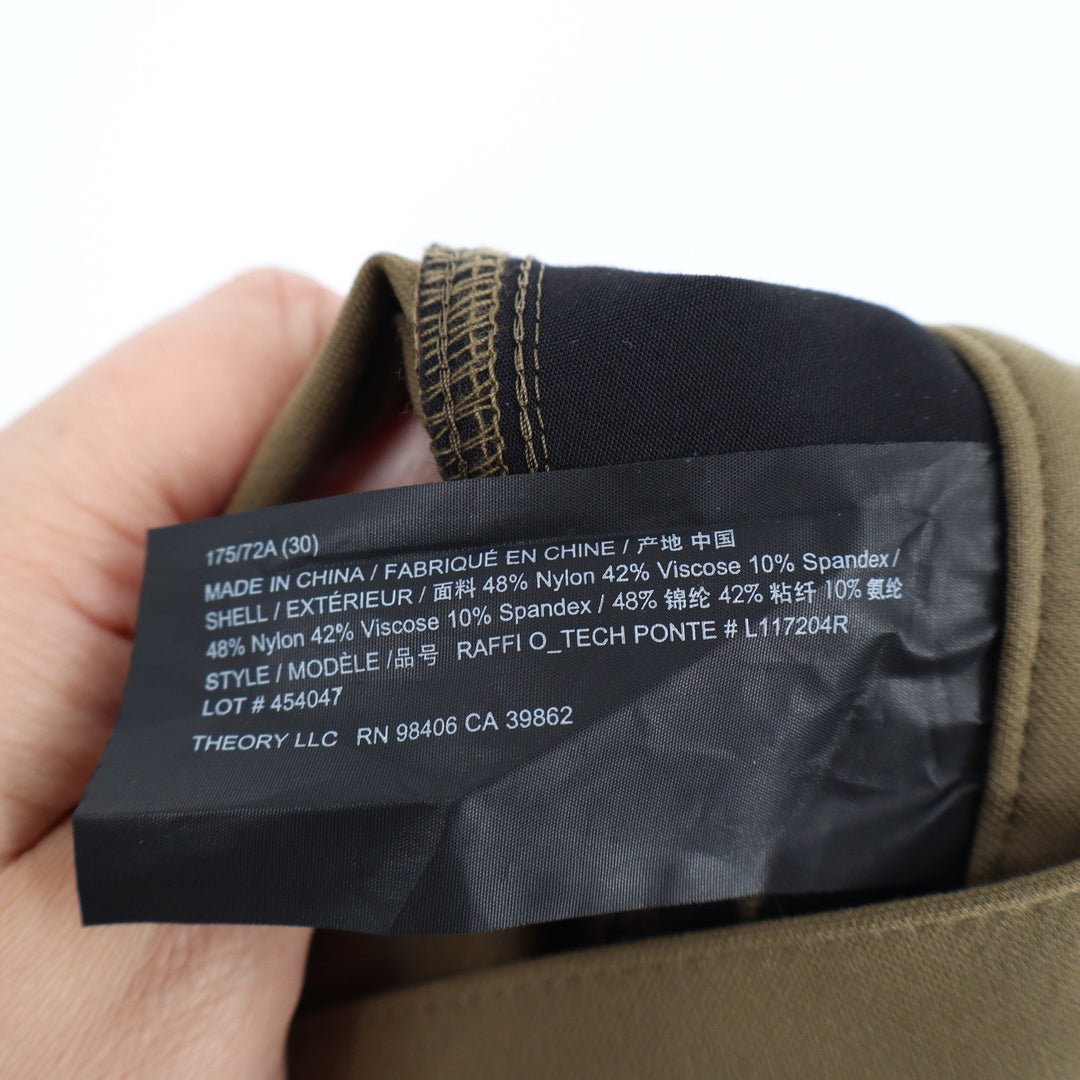 Theory Raffi Slim Fit Tech Ponte Pants Olive Green Mens Size 30