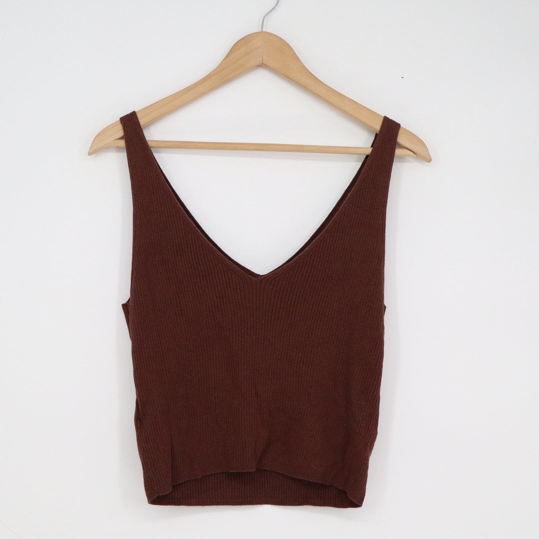 Gap Womens Brown Ribbed V-Neck Sweater Tank Top Cropped Size Large Cotton Blend
