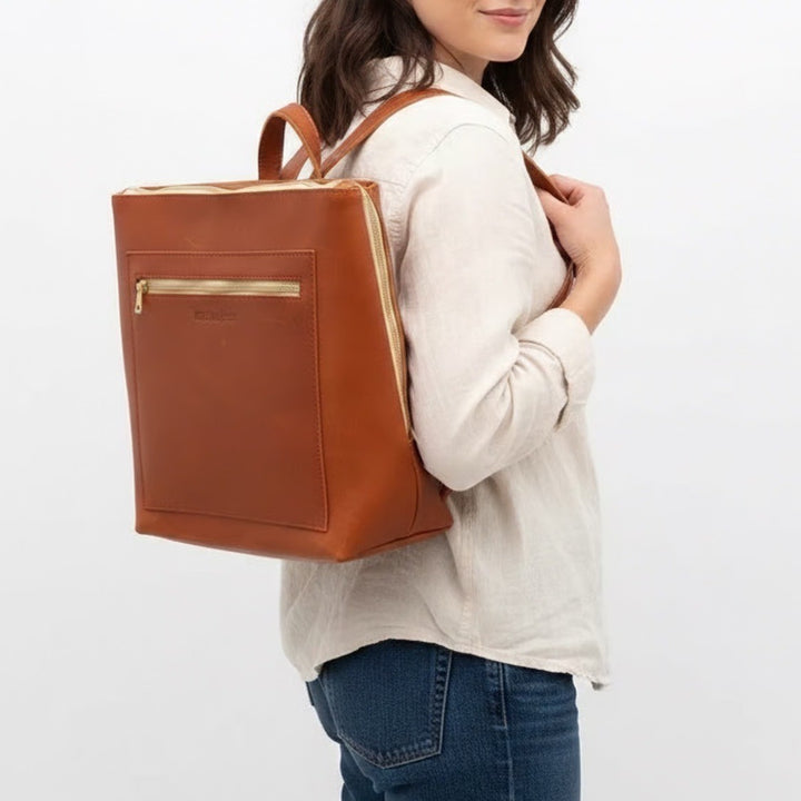 Portland Leather Goods Womens Backpack Brown Leather Adjustable Shoulder Strap