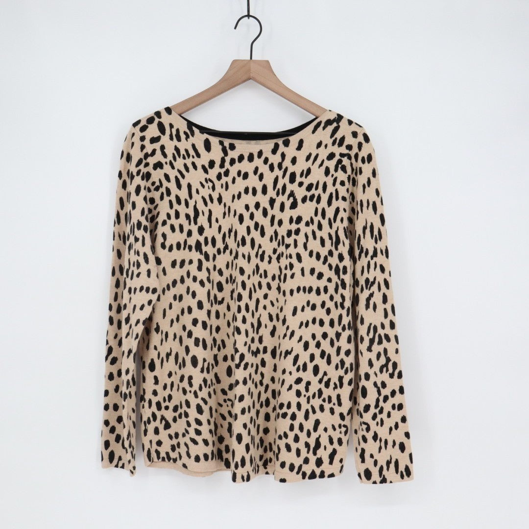 Chicos Sweater Womens Beige Black Knitted Leopard Print Boat Neck Long Sleeve