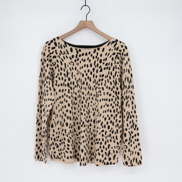 Chicos Sweater Womens Beige Black Knitted Leopard Print Boat Neck Long Sleeve