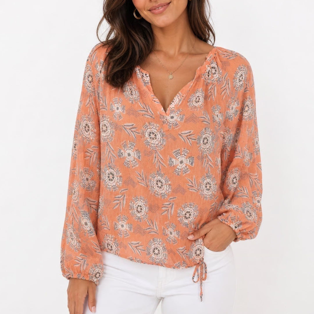 Lucky Brand Orange Coral Medallion Print Peasant Top Long Sleeve Small