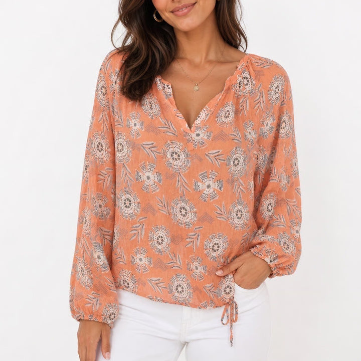 Lucky Brand Orange Coral Medallion Print Peasant Top Long Sleeve Small