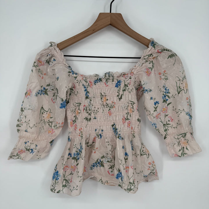 Saylor Cropped Top Womens XS Multicolor Floral Smocked Puff Sleeve Square Neck
