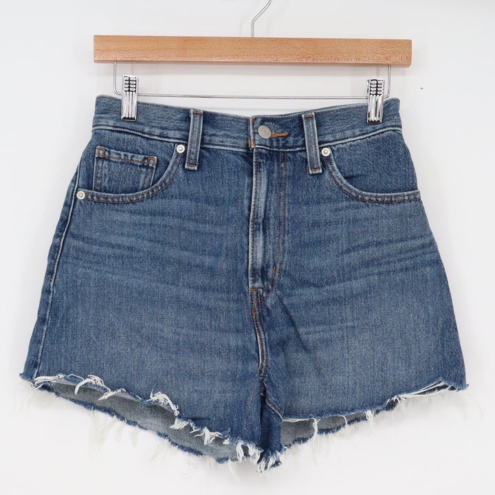 Levis High Waisted Mom Shorts Blue Denim Raw Hem Medium Wash Size 26