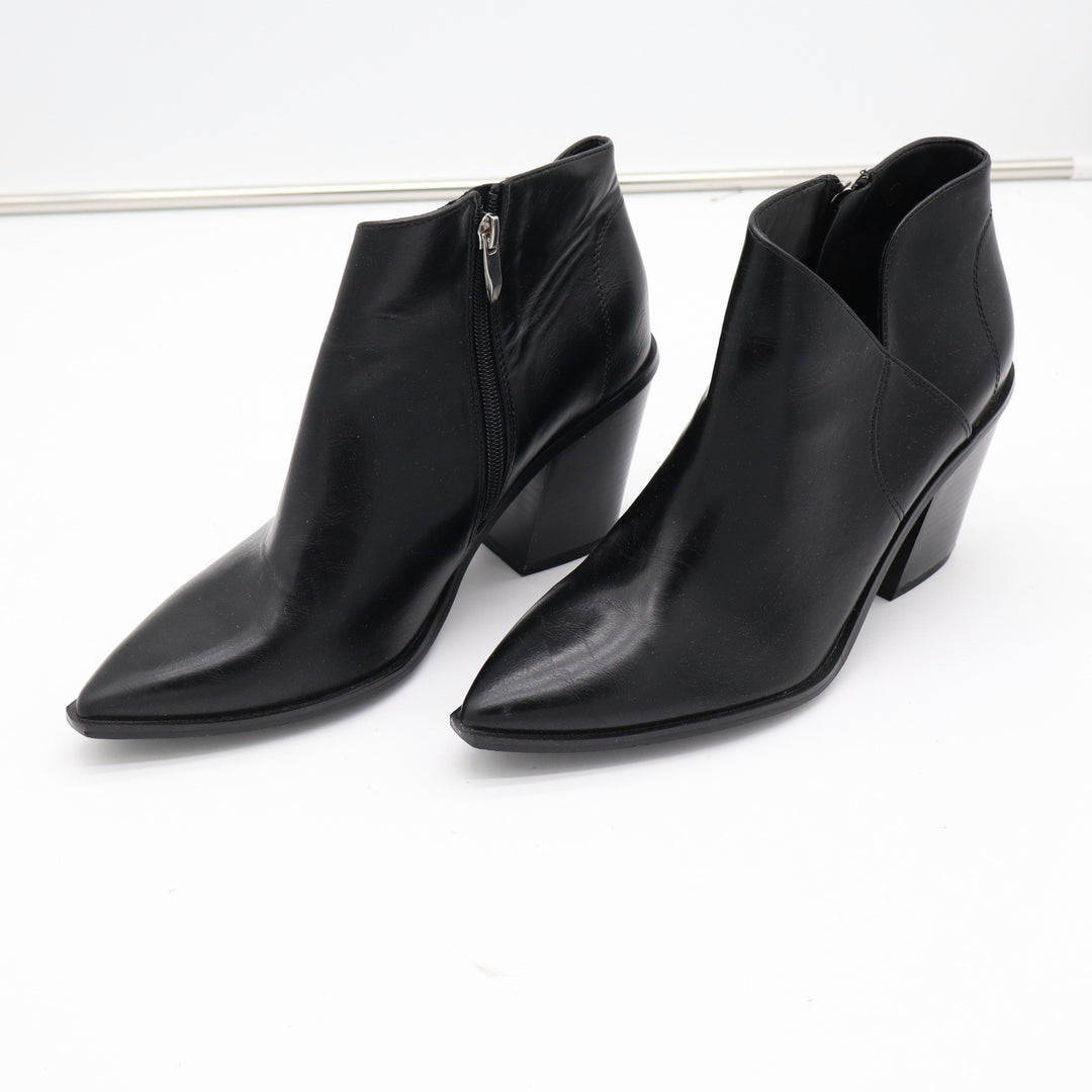 Womens Black Faux Leather Pointed Toe Block Heel Ankle Booties Side Zip Size 10