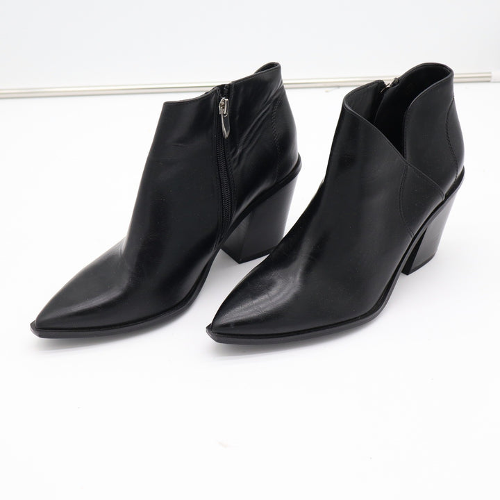 Womens Black Faux Leather Pointed Toe Block Heel Ankle Booties Side Zip Size 10