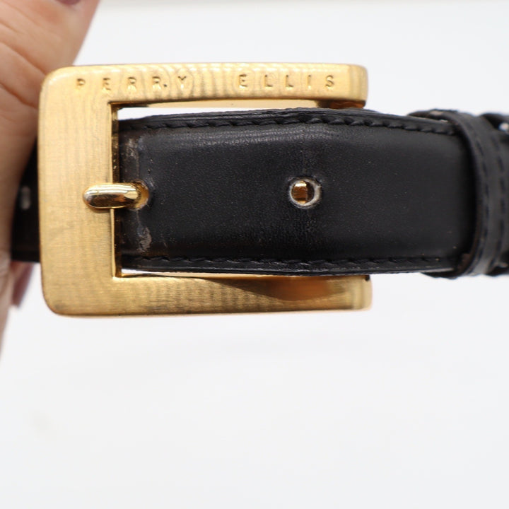 Perry Ellis Black Leather Belt Gold Buckle Size ML