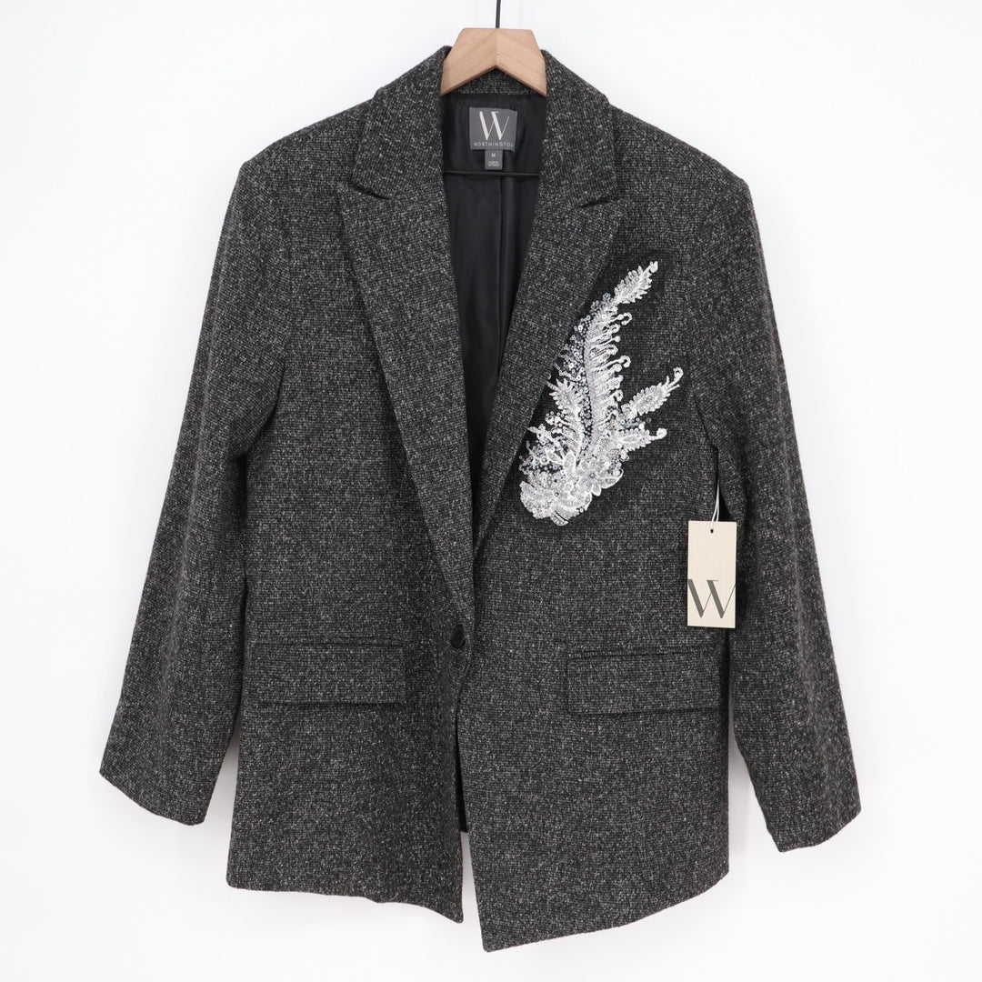 Worthington Blazer Jacket Womens Medium Black White Sequins Tweed Classic Fit