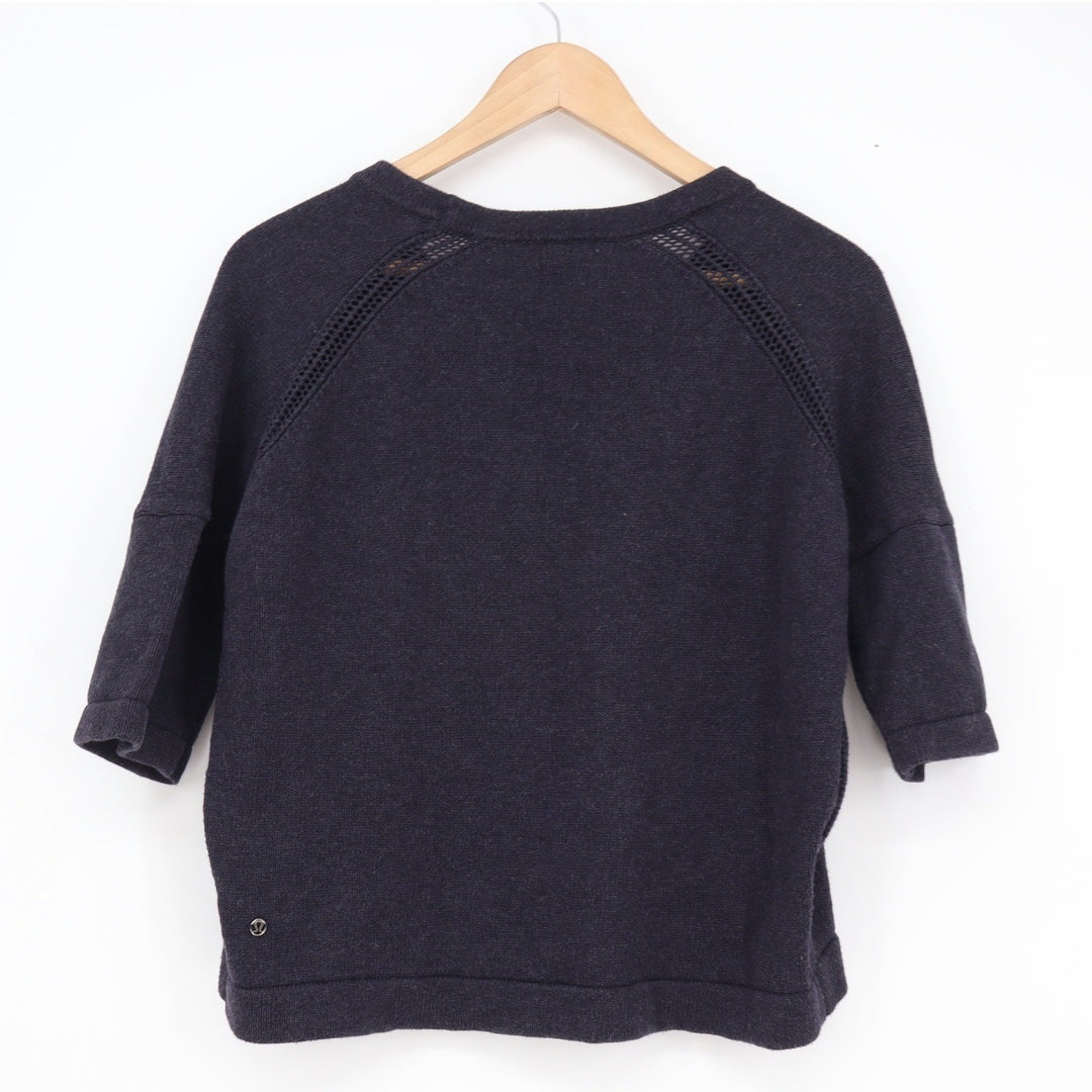 Lululemon Navy Blue Short Sleeve Boxy Knit Sweater Pointelle Back Detail Womens