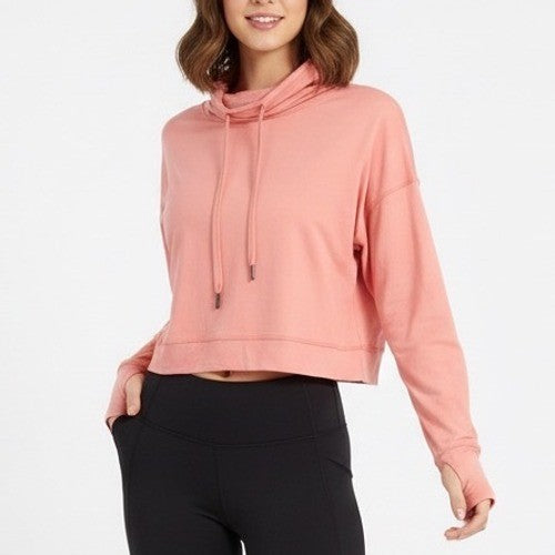Marika Crop Sweatshirt Womens Blush Fleece Drawstring Neck Thumb Hole Sleeve