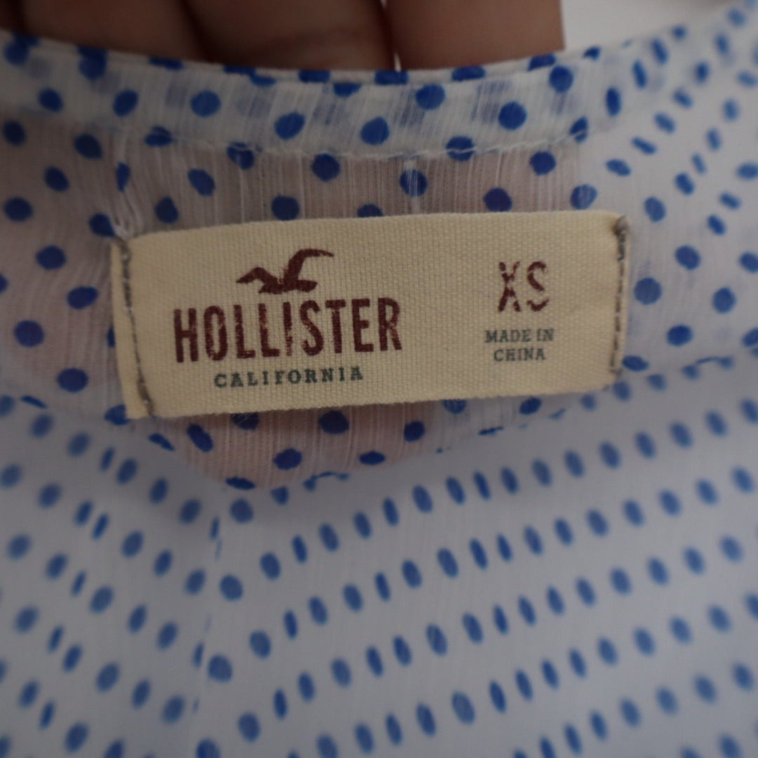 Hollister Blue White Polka Dot V-Neck 3/4 Sleeve Blouse Top XS