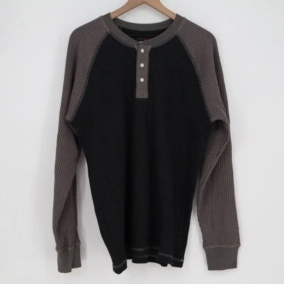American Giant Shirt Mens M Black Gray Colorblock Ribbed Waffle Knit Henley Neck