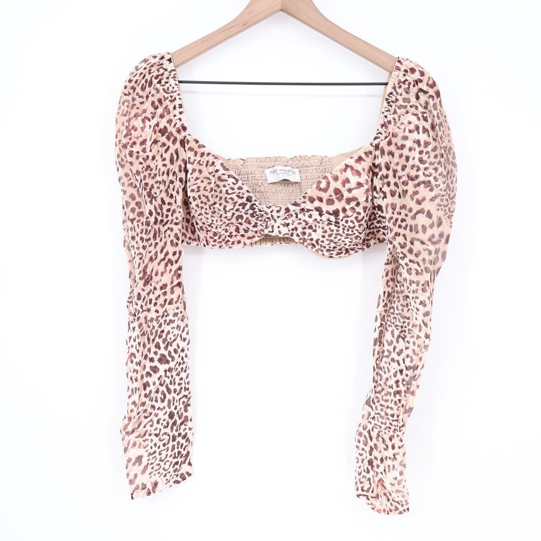 Naked Wardrobe Leopard Print Long Sleeve Crop Top Sweetheart Neck Brown Small