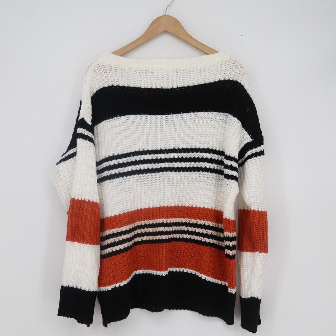 Kirundo Womens XL Striped Oversized Chunky Knit Sweater White Black Pullover