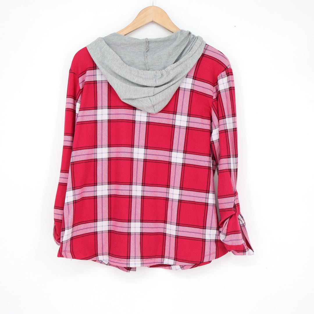 No Comment Plus Womens Red Plaid Hooded Button Down Shirt 1X
