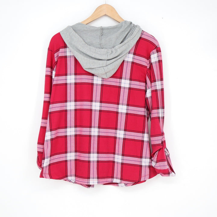 No Comment Plus Womens Red Plaid Hooded Button Down Shirt 1X