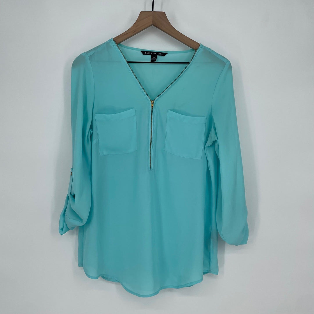 ZAC & RACHEL Turquoise V Neck Half Zip Roll Tab Sleeve Blouse Shirt Top Size S