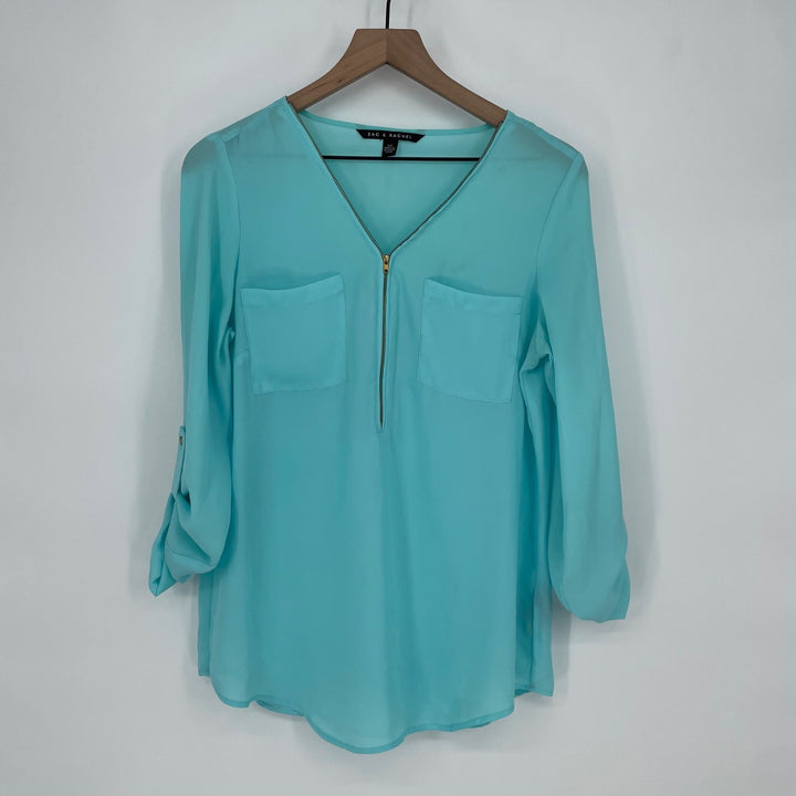 ZAC & RACHEL Turquoise V Neck Half Zip Roll Tab Sleeve Blouse Shirt Top Size S