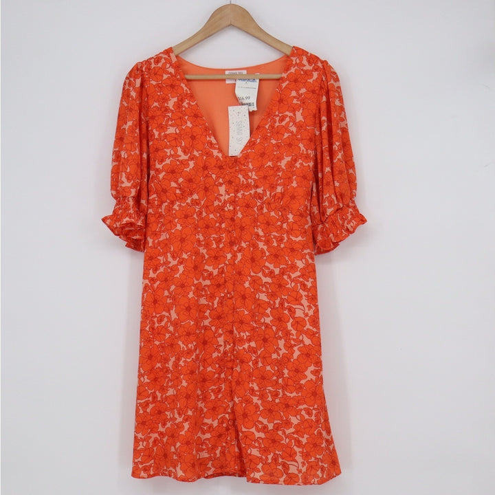 Sienna Sky Orange Floral V-Neck Puff Sleeve Mini Dress Large NWT