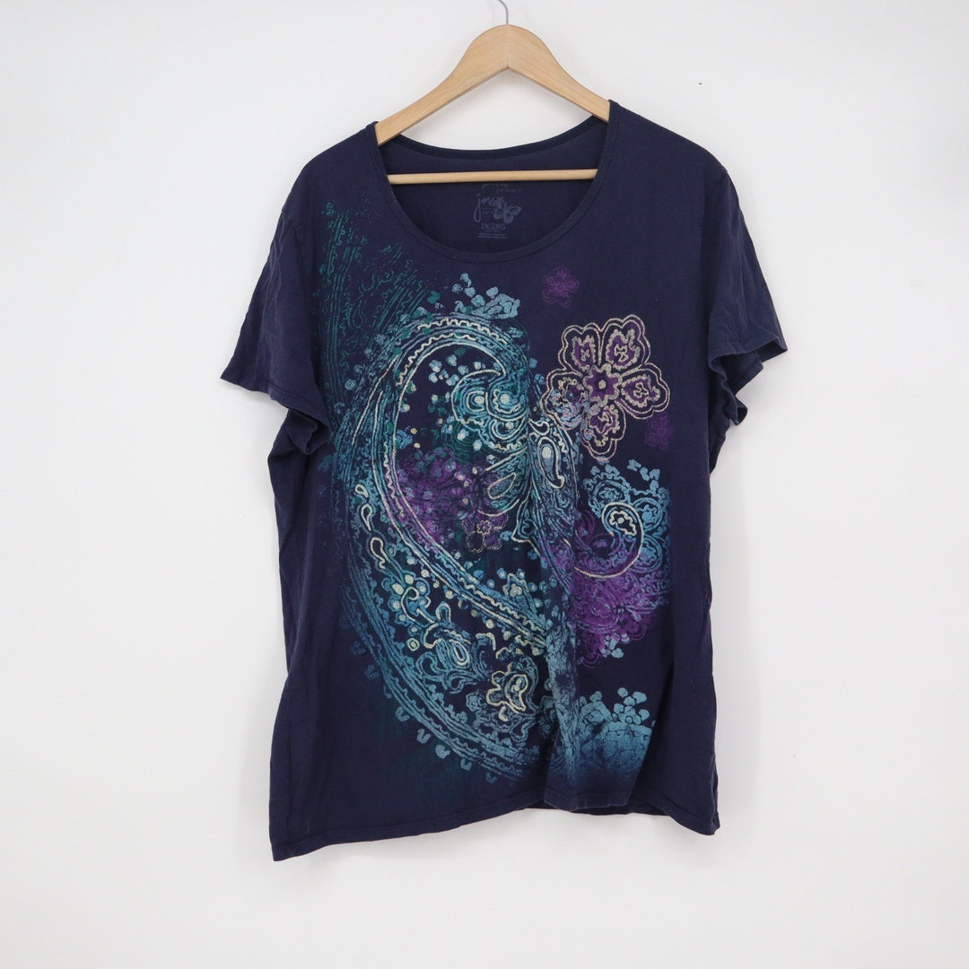 Just My Size Womens 2X Navy Blue Paisley Floral Graphic Cotton T-Shirt 2X