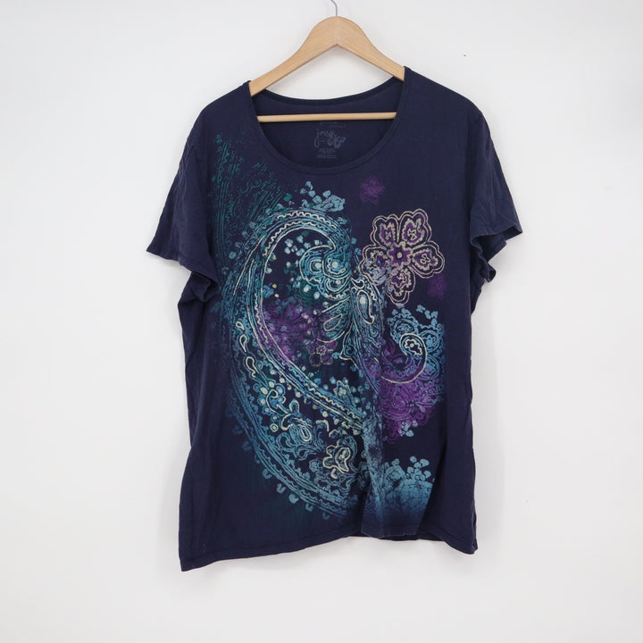 Just My Size Womens 2X Navy Blue Paisley Floral Graphic Cotton T-Shirt 2X