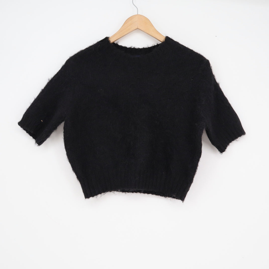 Scoop Womens Black Fuzzy Short Sleeve Cropped Sweater Crew Neck Size M