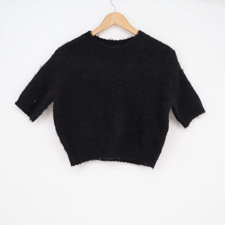 Scoop Womens Black Fuzzy Short Sleeve Cropped Sweater Crew Neck Size M
