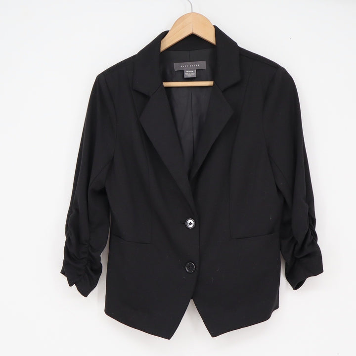 Suzy Shier Blazer Womens M Ruched 3/4 Sleeve Black Stretch Business Excellent