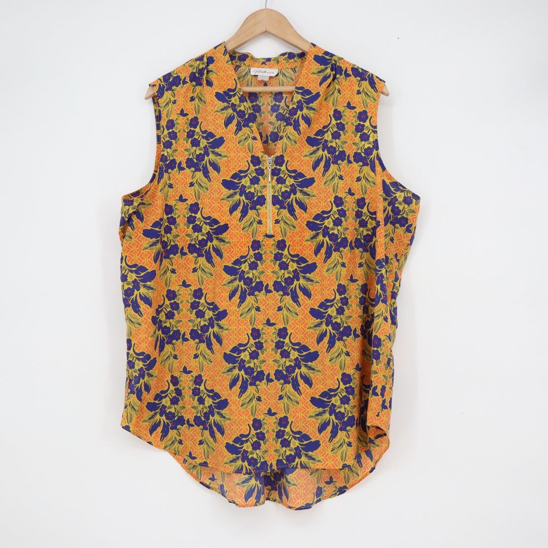 Jaclyn Smith Collection Yellow Blue Floral Zip V-Neck Blouse XXL