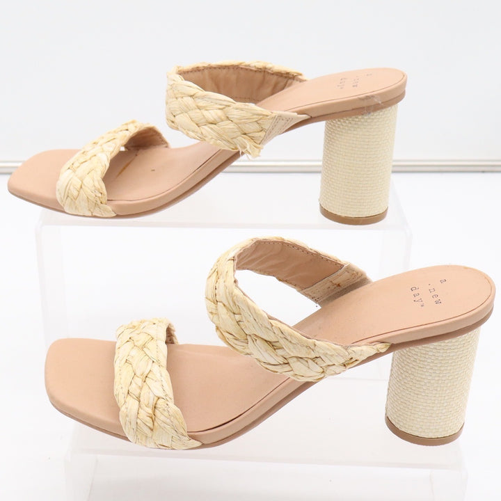 A New Day Braided Raffia Block Heel Mules Beige Square Toe Sandals Womens Size 8