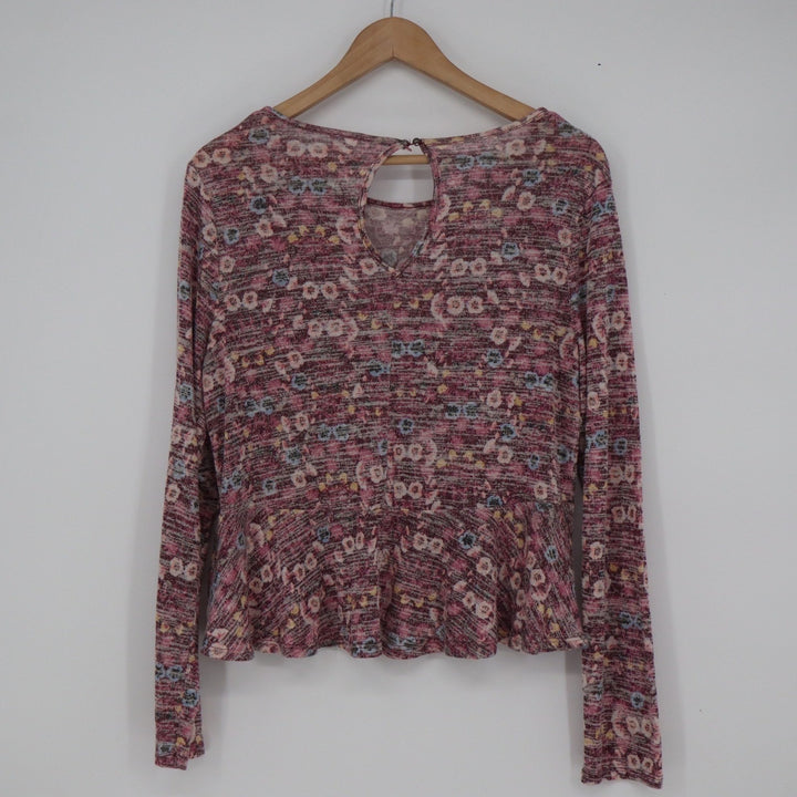American Rag Womens L Floral Peplum Top Burgundy Space Dye Keyhole Back Long